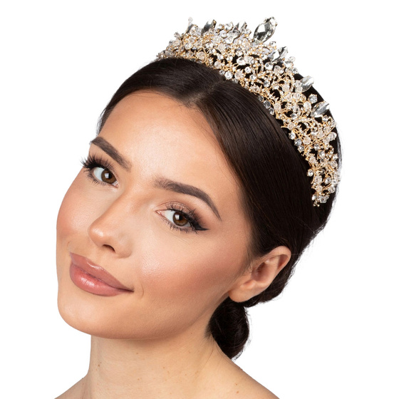 DIADEM Korona Tiara MISS GLOW ŚLUBNY ZŁOTY cyrkonie KRYSZTAŁY