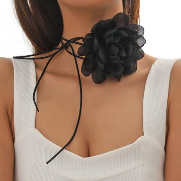 CHOKER Naszyjnik ozdobny na szyję KWIAT róża na rzemyku elegancki czarny
