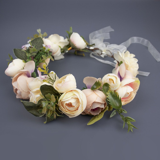 WIANEK na głowę BOHO kwiaty KREMOWY ślubny PIWONIE