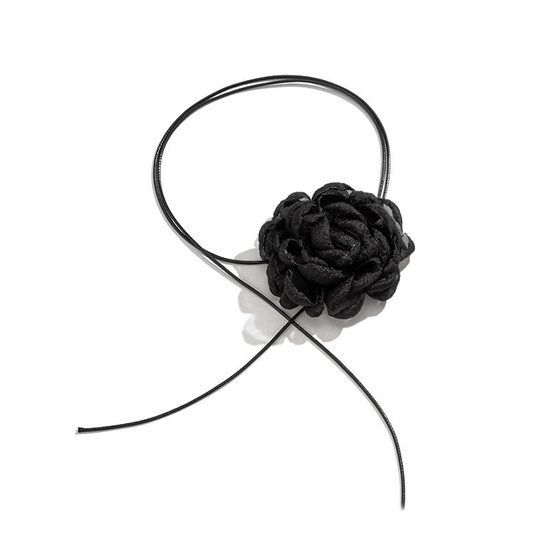 Naszyjnik CHOKER ozdobny KWIAT na szyję róża na rzemyku elegancki CZARNY