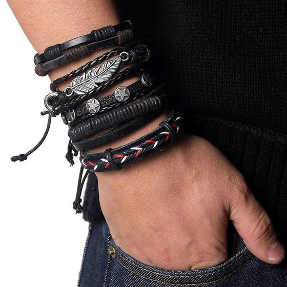 BRANSOLETKA męska SKÓRZANA rzemyk pióro ZESTAW