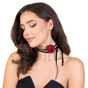 Naszyjnik CHOKER ozdobny KWIAT na szyję RÓŻA na wstążce DELIKATNY CZERWONY