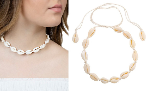 CHOKER naszyjnik wiązany MUSZELKI biały SZNUREK