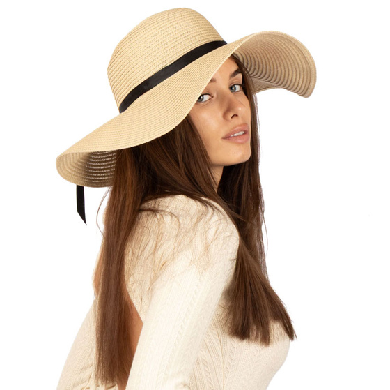 KAPELUSZ plażowy DAMSKI SŁOMKOWY kokarda letni SŁOMIANY duże rondo