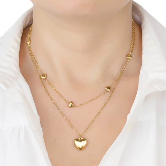 Naszyjnik PODWÓJNY serce STAL SZLACHETNA POZŁACANA