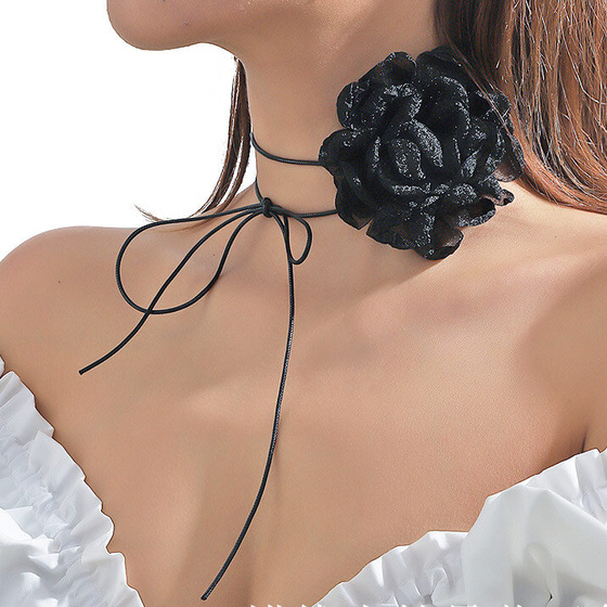 CHOKER Naszyjnik ozdobny RÓŻA na szyję KWIAT na rzemyku elegancki czarny