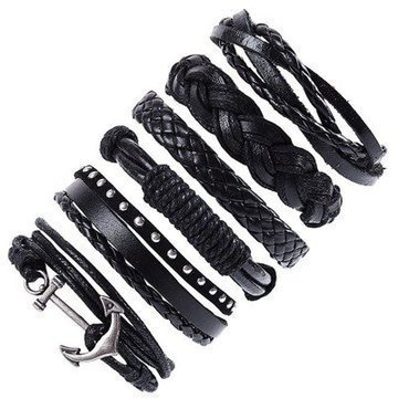 Bransoletka MĘSKA skórzana ZESTAW kotwica CZARNA