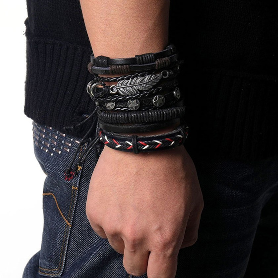 BRANSOLETKA męska SKÓRZANA rzemyk pióro ZESTAW