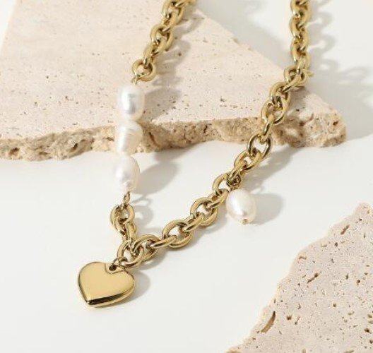 Naszyjnik ŁAŃCUCH perły STAL SZLACHETNA POZŁACANA