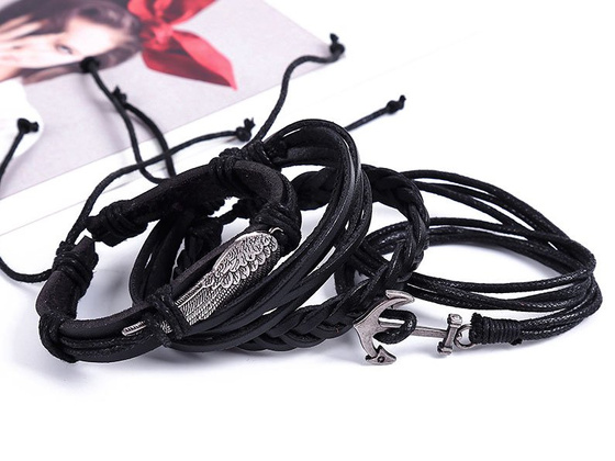 BRANSOLETKA męska SKÓRZANA skrzydło ZESTAW kotwica