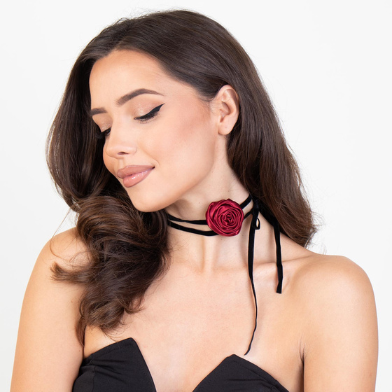 Naszyjnik CHOKER ozdobny KWIAT na szyję RÓŻA na wstążce DELIKATNY CZERWONY