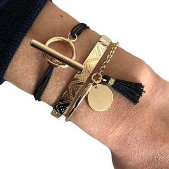 BRANSOLETKA zestaw CHWOST kółko ZŁOTA czarna