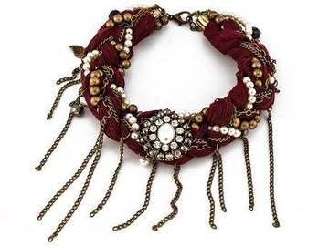 KOLIA PLECIONA bordowa DUŻE KRYSZTAŁY koraliki