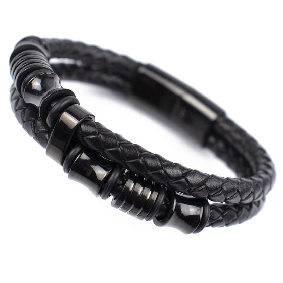 Bransoletka CZARNA STAL SZLACHETNA 316L SKÓRA