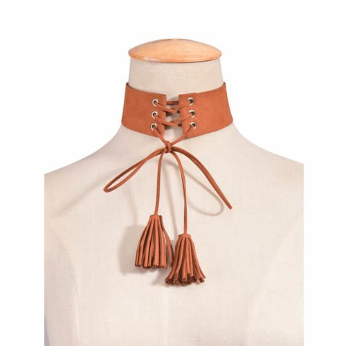 Choker sznurowany frędzle brązowy