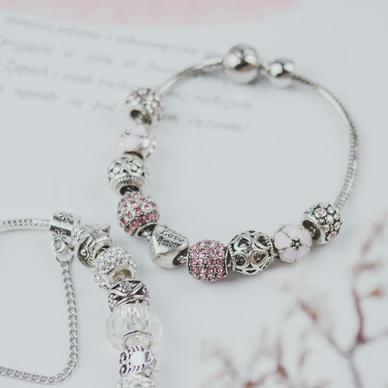 Bransoletka damska SREBRNA modułowa RÓŻ CHARMS