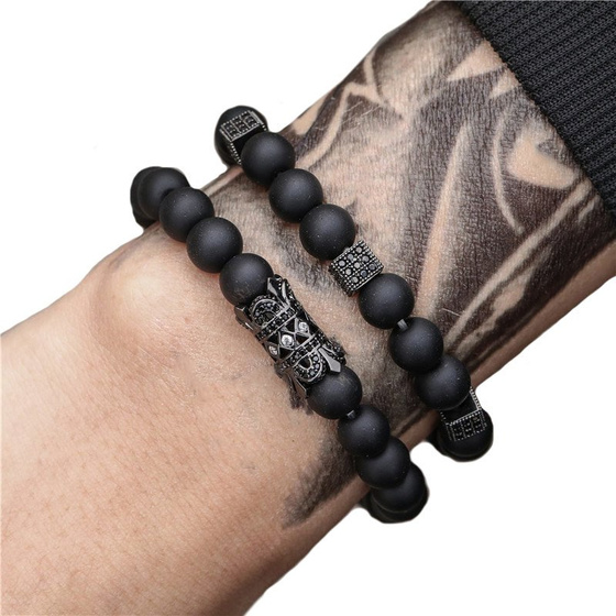 BRANSOLETKI MĘSKIE podwójne KORALIKI czarne