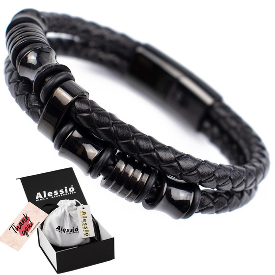 Bransoletka CZARNA STAL SZLACHETNA 316L SKÓRA