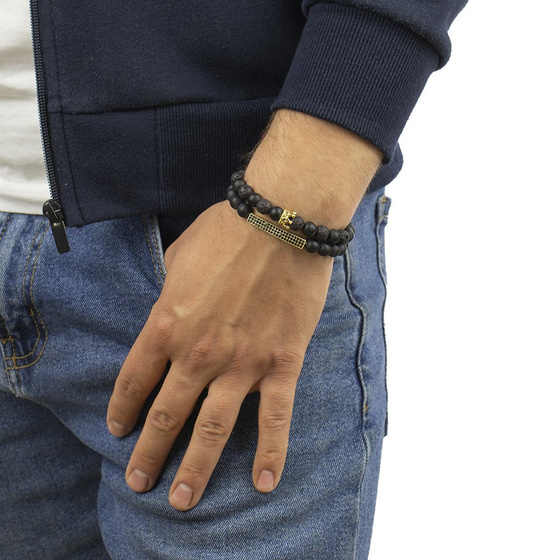 BRANSOLETKI MĘSKIE czarne koraliki BLASZKA złota