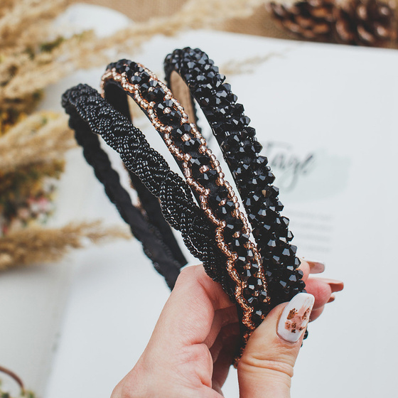 OPASKA DO WŁOSÓW czarna KORALIKI warkocz WĄSKA elegancka