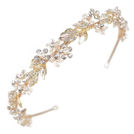 OZDOBA ŚLUBNA DO WŁOSÓW opaska listki CYRKONIE złota ŚLUB