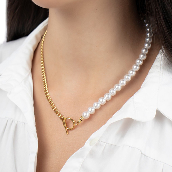 Naszyjnik STAL SZLACHETNA POZŁACANA perły