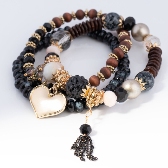 ZESTAW BRANSOLETEK koraliki chwost SERCE czarna