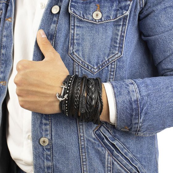 Bransoletka MĘSKA skórzana ZESTAW kotwica CZARNA