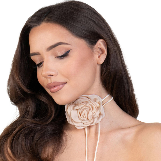 Naszyjnik CHOKER ozdobny KWIAT na szyję róża na rzemyku elegancki ECRU