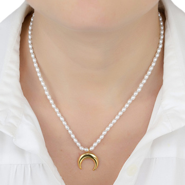NASZYJNIK perły STAL SZLACHETNA POZŁACANA księżyc