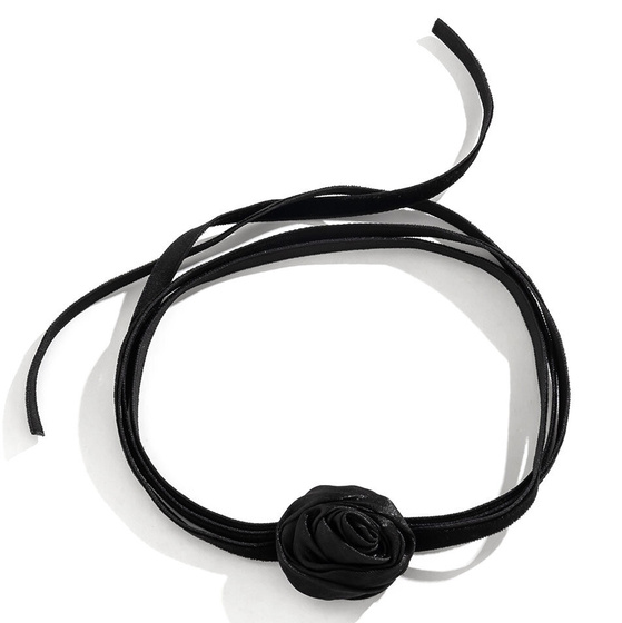 Naszyjnik CHOKER ozdobny KWIAT na szyję RÓŻA na wstążce DELIKATNY CZARNY