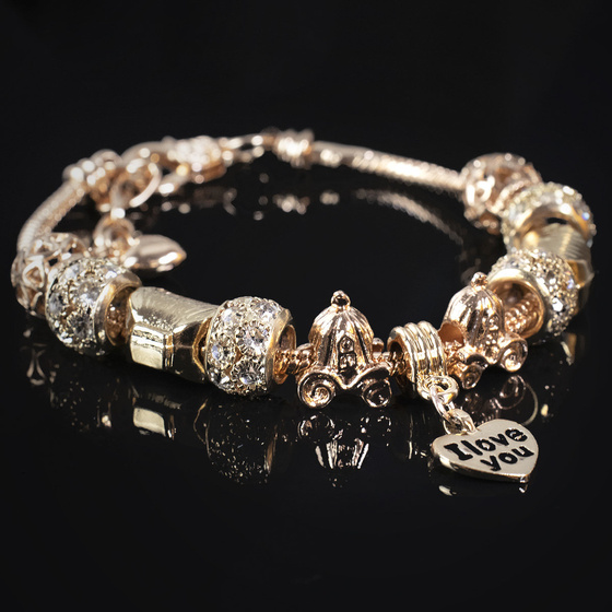 BRANSOLETKA MODUŁOWA damska charms ZŁOTA napis