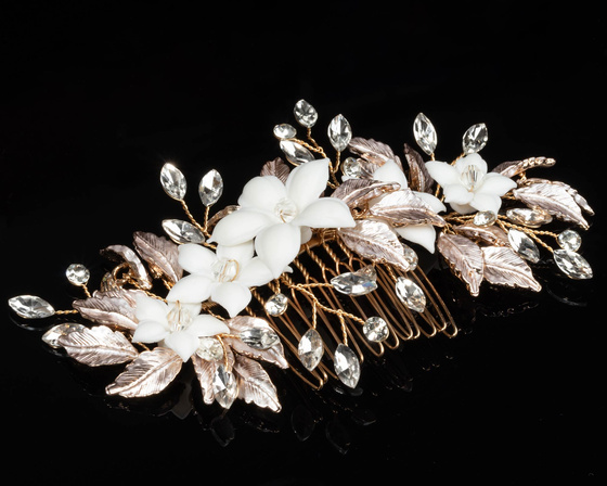Ozdoba ślubna do włosów GRZEBYK ŚLUB KRYSZTAŁKI KWIATY