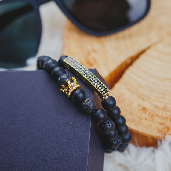 BRANSOLETKI MĘSKIE czarne koraliki BLASZKA złota
