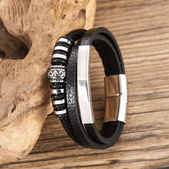 Bransoletka MĘSKA STAL SZLACHETNA 316L SKÓRA