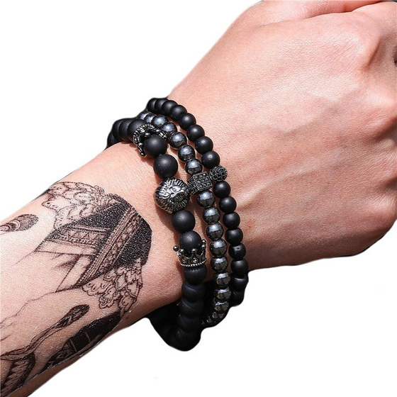 BRANSOLETKI MĘSKIE koraliki CZARNE lew zestaw