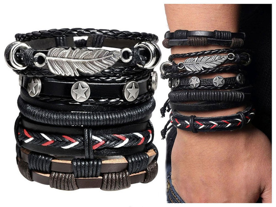 BRANSOLETKA męska SKÓRZANA rzemyk pióro ZESTAW