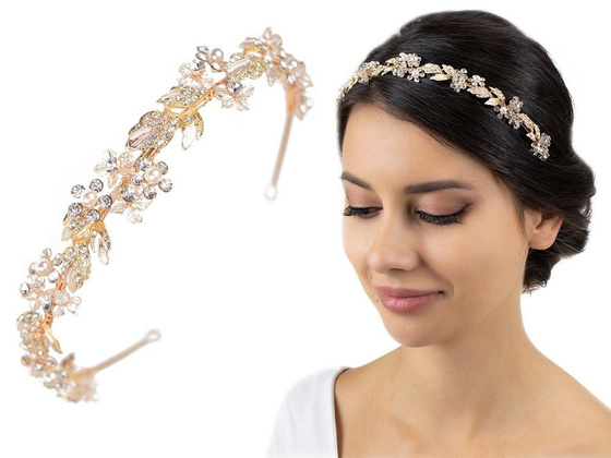 OZDOBA ŚLUBNA DO WŁOSÓW opaska listki CYRKONIE złota ŚLUB