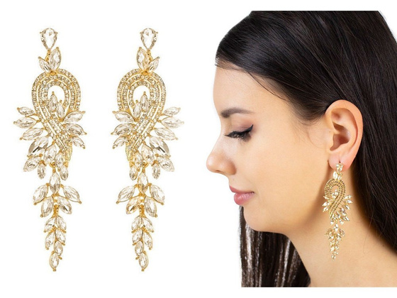 KOLCZYKI złote WISZĄCE kryształki ŚLUBNE długie