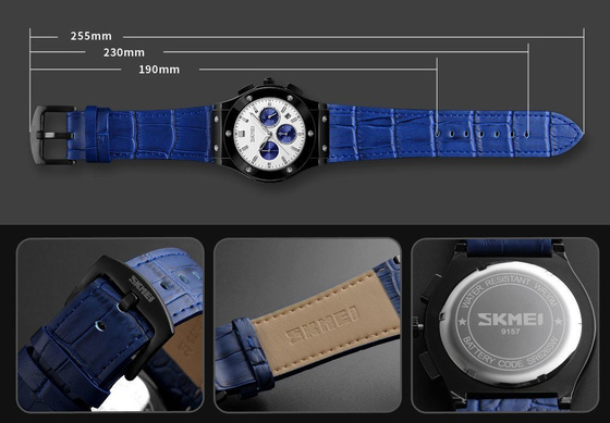 Zegarek męski SKMEI 9157 DATOWNIK granat SKÓRZANY