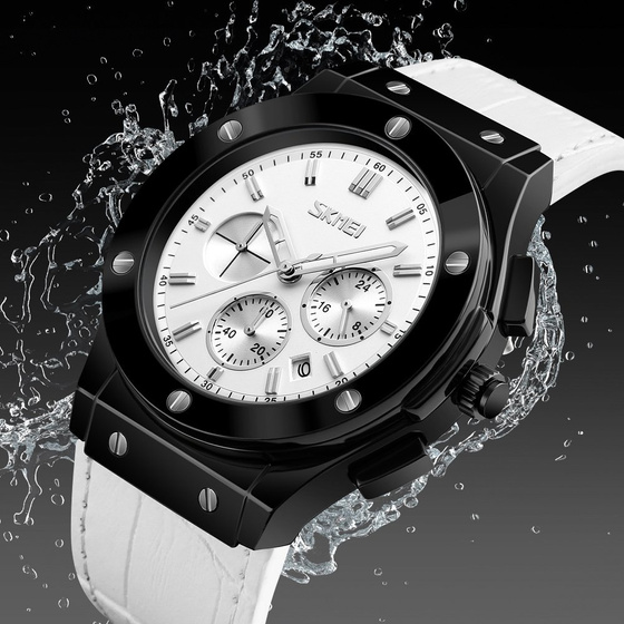 Zegarek męski SKMEI 9157 DATOWNIK biały SKÓRZANY