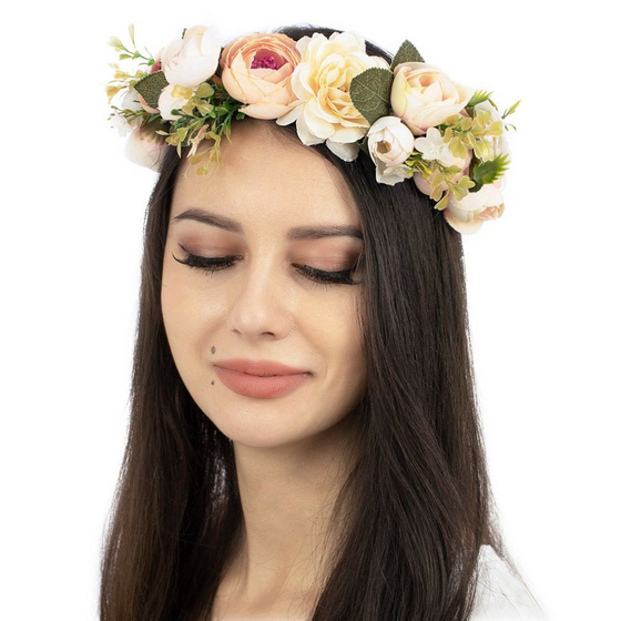 WIANEK na głowę BOHO kwiaty KREMOWY ślubny PIWONIE
