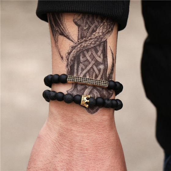 BRANSOLETKI MĘSKIE czarne koraliki BLASZKA złota