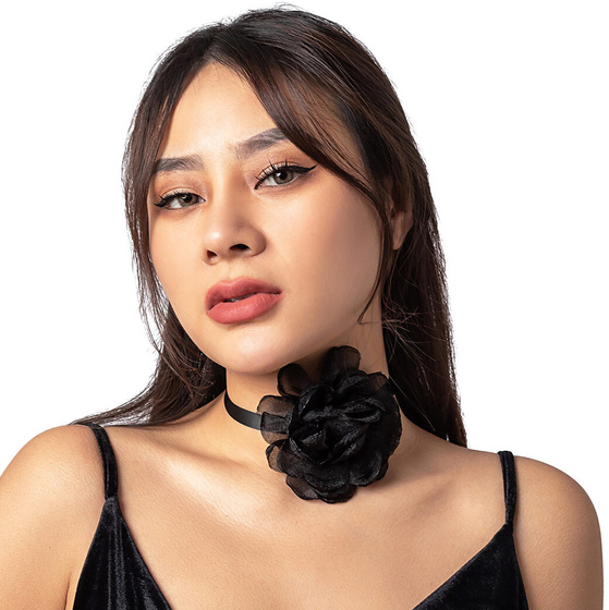 Naszyjnik CHOKER ozdobny RÓŻA na szyję KWIAT elegancki CZARNY WSTĄŻKA