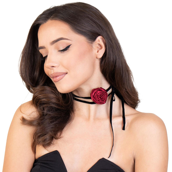 Naszyjnik CHOKER ozdobny KWIAT na szyję RÓŻA na wstążce DELIKATNY CZERWONY