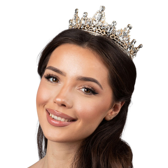 KORONA Diadem Tiara MISS GLOW ŚLUBNA ZŁOTA cyrkonie KRYSZTAŁY