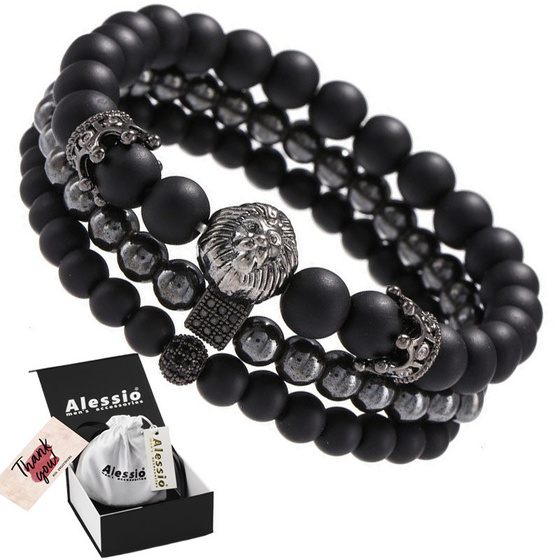 BRANSOLETKI MĘSKIE koraliki CZARNE lew zestaw