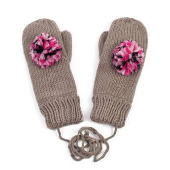RĘKAWICZKI damskie RÓŻOWY POMPON brązowe ZIMOWE