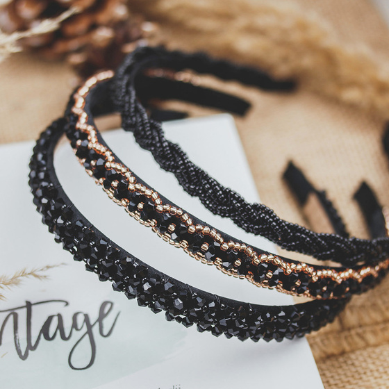 OPASKA DO WŁOSÓW czarna KORALIKI warkocz WĄSKA elegancka