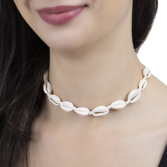 CHOKER naszyjnik wiązany MUSZELKI biały SZNUREK